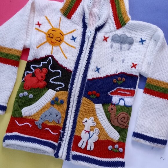 Vintage Handmade Animals & Friends Knitted Zip-Up Sweater - Picture 3 of 7